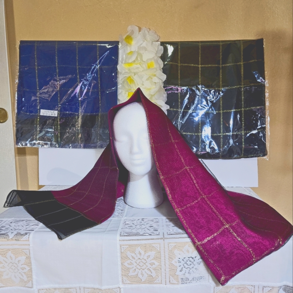 Women black gold  plaid silk  scarf purple and black